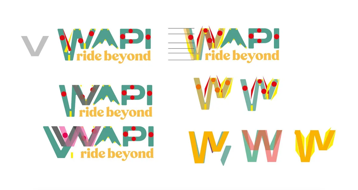 Travail du logo WAPI : variations de la lettre W et du sommet, superposées et annotées