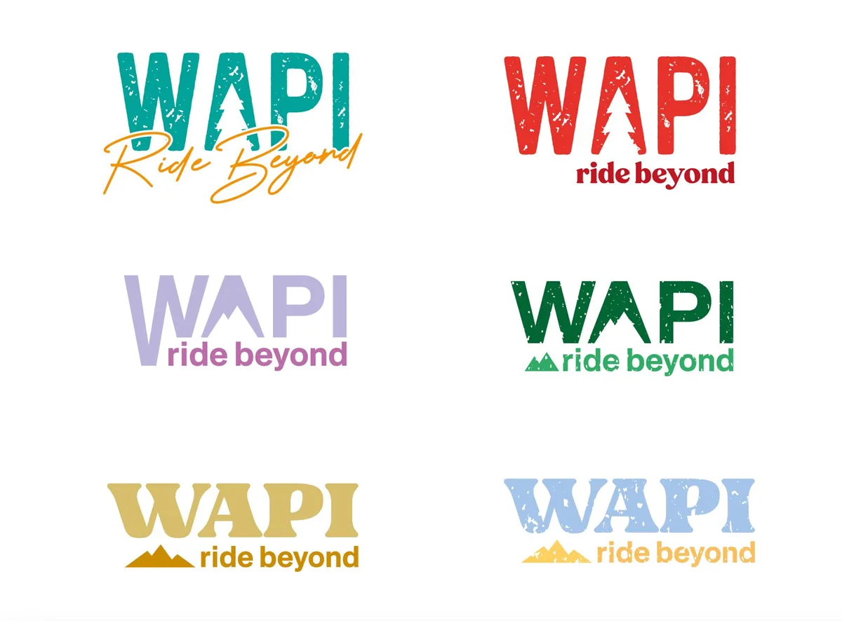 Six directions de logo WAPI « ride beyond », chacune avec ses couleurs et sa typographie